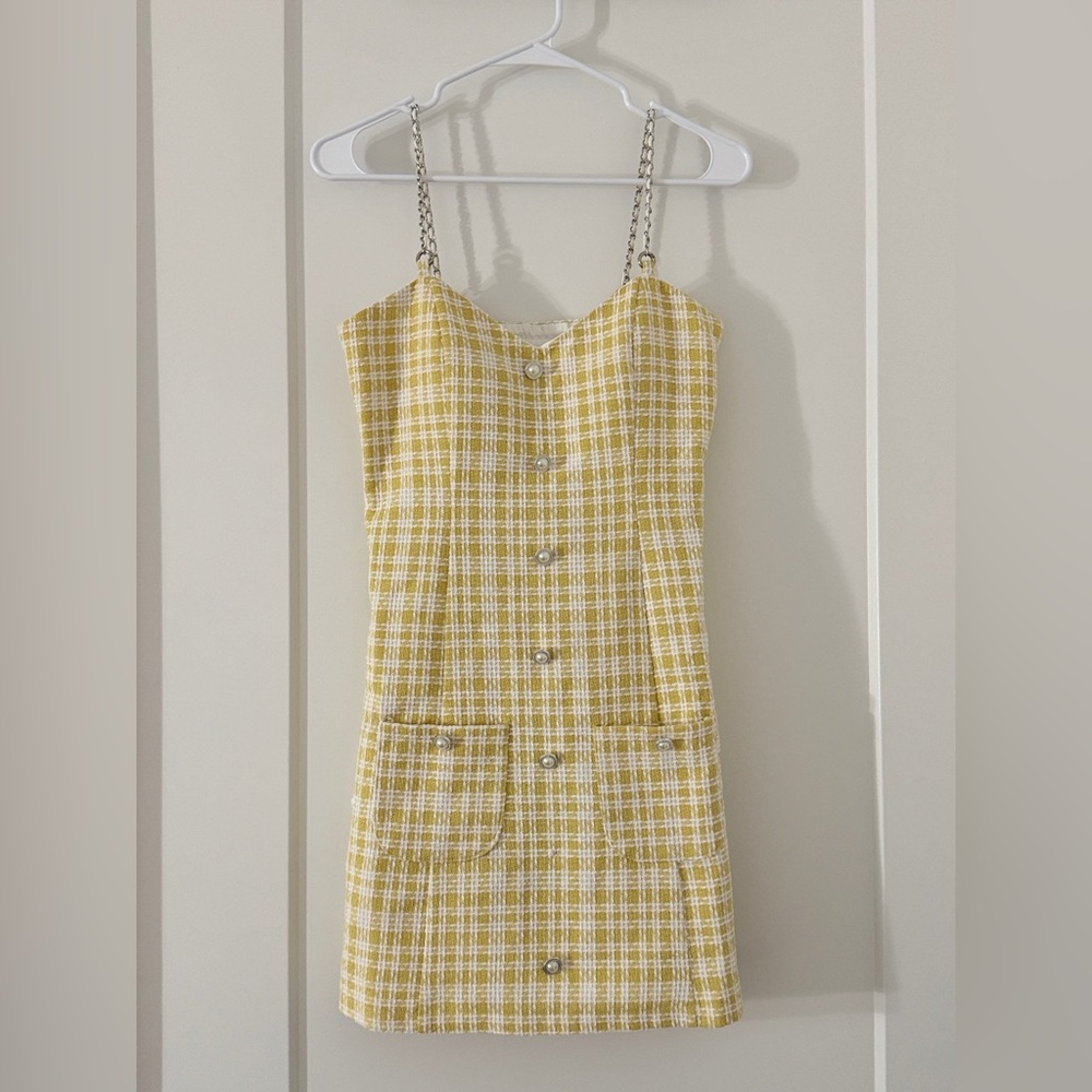Yellow Tweed Chain Strap Mini Dress